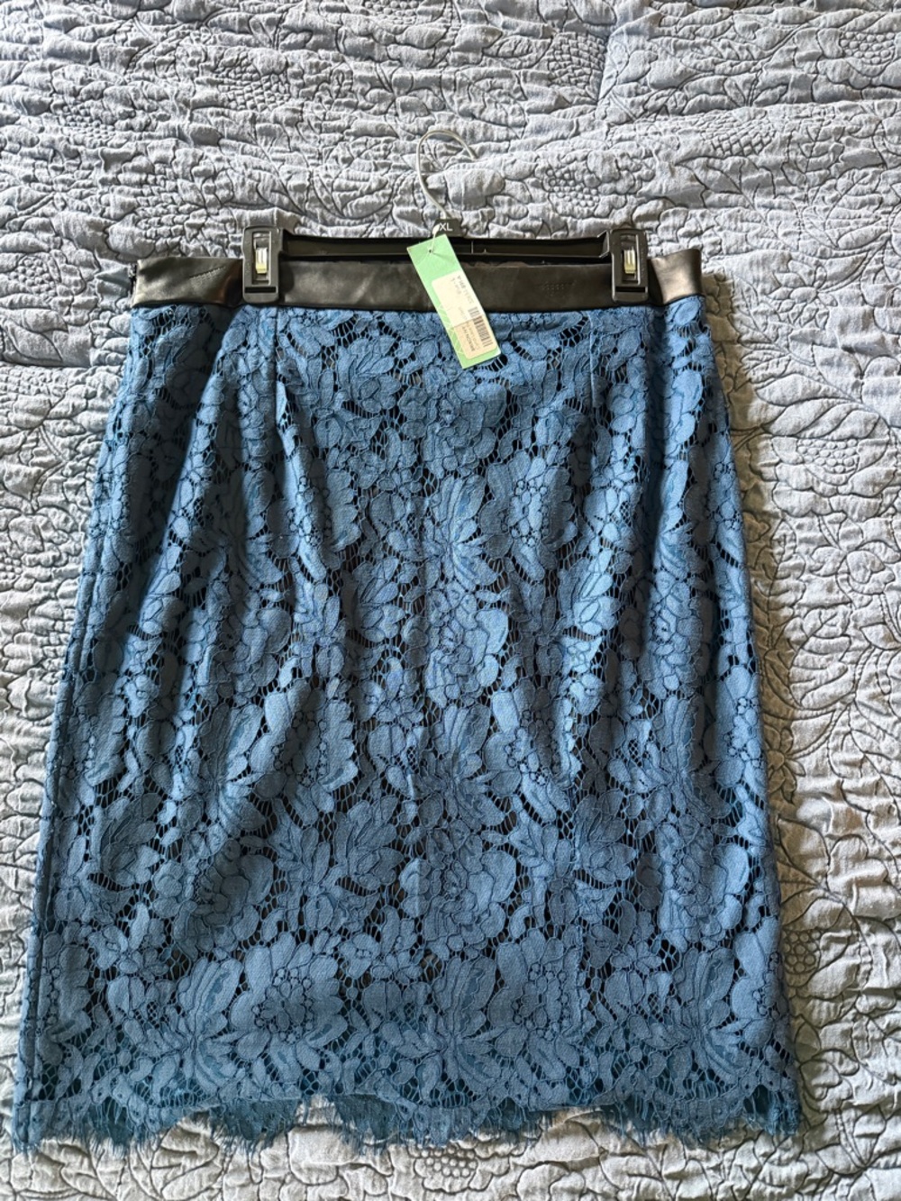 Brixon Ivy Blue Lace Pencil Skirt with Black Faux Leather Waistband